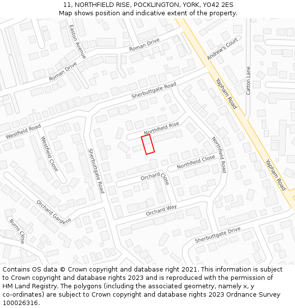 11, NORTHFIELD RISE, POCKLINGTON, YORK, YO42 2ES: Location map and indicative extent of plot