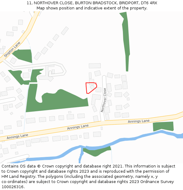11, NORTHOVER CLOSE, BURTON BRADSTOCK, BRIDPORT, DT6 4RX: Location map and indicative extent of plot