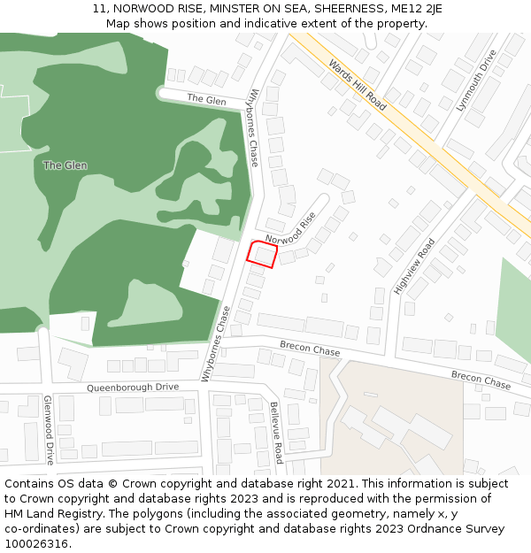 11, NORWOOD RISE, MINSTER ON SEA, SHEERNESS, ME12 2JE: Location map and indicative extent of plot