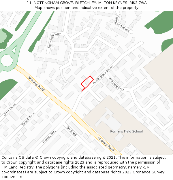 11, NOTTINGHAM GROVE, BLETCHLEY, MILTON KEYNES, MK3 7WA: Location map and indicative extent of plot