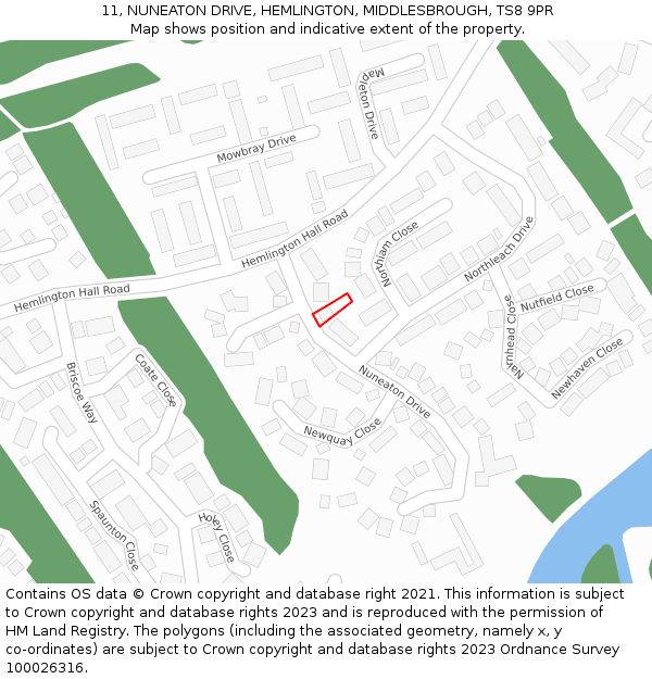 11, NUNEATON DRIVE, HEMLINGTON, MIDDLESBROUGH, TS8 9PR: Location map and indicative extent of plot