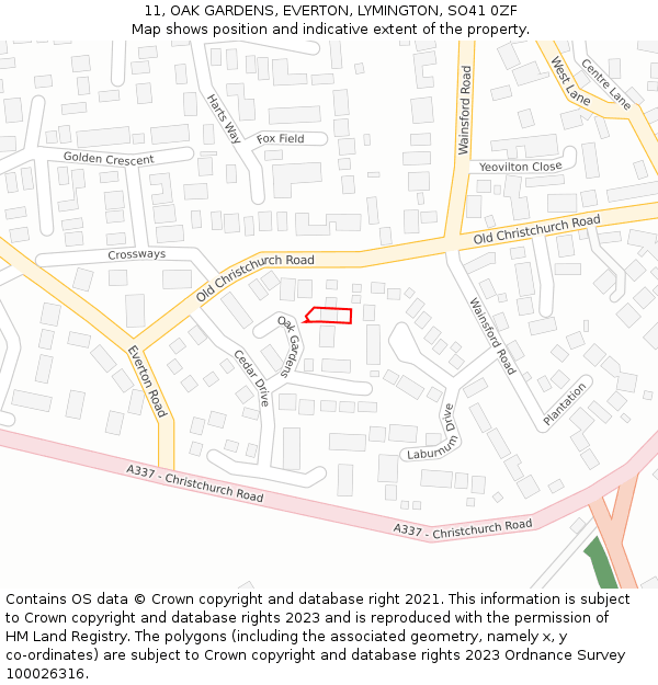 11, OAK GARDENS, EVERTON, LYMINGTON, SO41 0ZF: Location map and indicative extent of plot