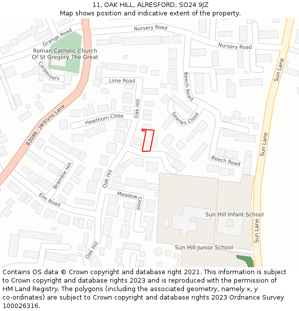 11, OAK HILL, ALRESFORD, SO24 9JZ: Location map and indicative extent of plot