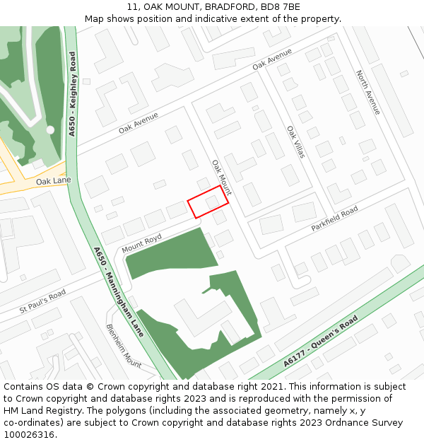 11, OAK MOUNT, BRADFORD, BD8 7BE: Location map and indicative extent of plot