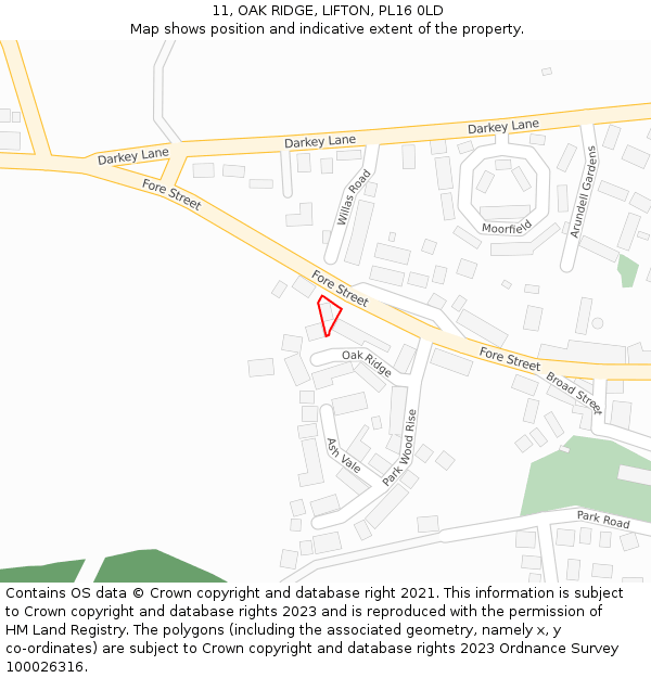 11, OAK RIDGE, LIFTON, PL16 0LD: Location map and indicative extent of plot