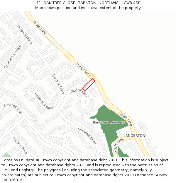 11, OAK TREE CLOSE, BARNTON, NORTHWICH, CW8 4SP: Location map and indicative extent of plot