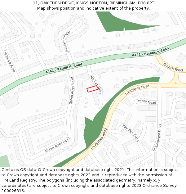 11, OAK TURN DRIVE, KINGS NORTON, BIRMINGHAM, B38 8PT: Location map and indicative extent of plot