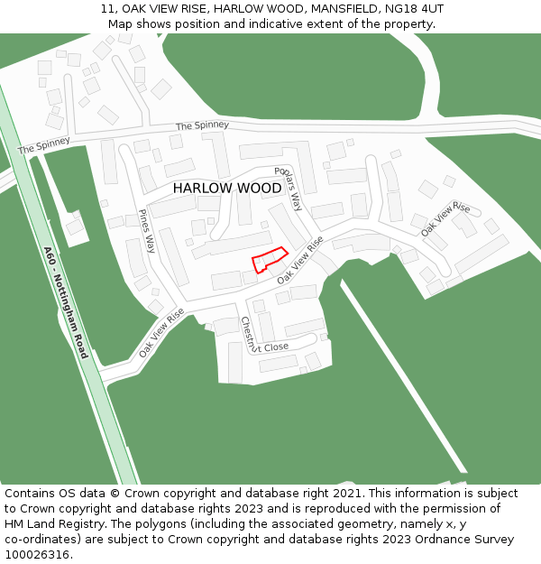 11, OAK VIEW RISE, HARLOW WOOD, MANSFIELD, NG18 4UT: Location map and indicative extent of plot