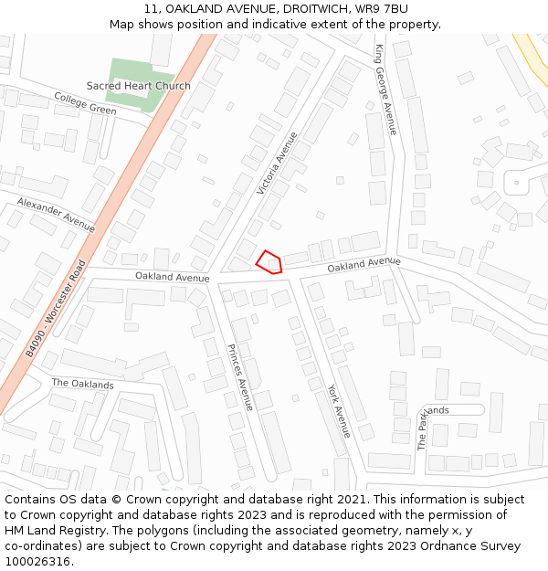 11, OAKLAND AVENUE, DROITWICH, WR9 7BU: Location map and indicative extent of plot