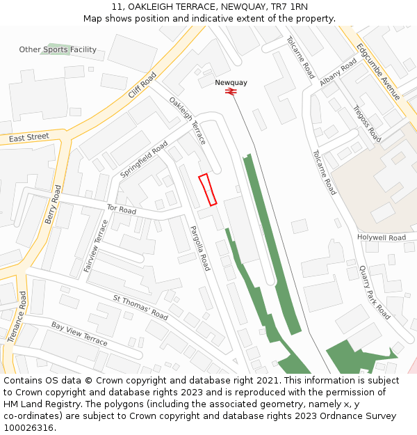 11, OAKLEIGH TERRACE, NEWQUAY, TR7 1RN: Location map and indicative extent of plot