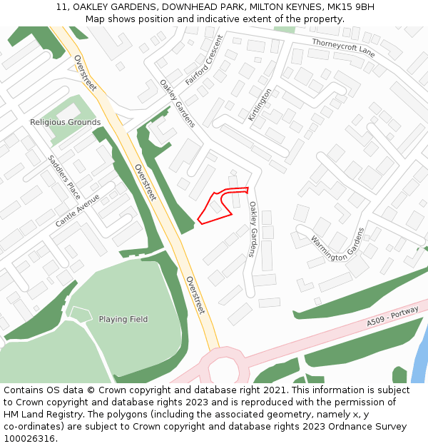 11, OAKLEY GARDENS, DOWNHEAD PARK, MILTON KEYNES, MK15 9BH: Location map and indicative extent of plot