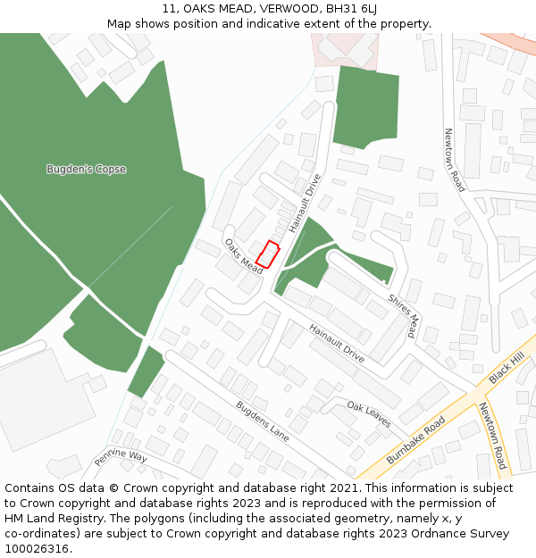 11, OAKS MEAD, VERWOOD, BH31 6LJ: Location map and indicative extent of plot