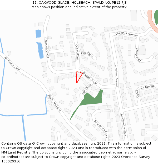 11, OAKWOOD GLADE, HOLBEACH, SPALDING, PE12 7JS: Location map and indicative extent of plot