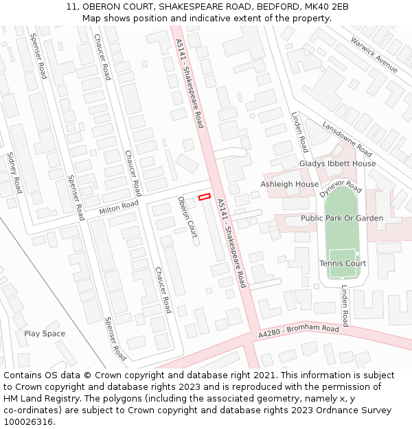 11, OBERON COURT, SHAKESPEARE ROAD, BEDFORD, MK40 2EB: Location map and indicative extent of plot