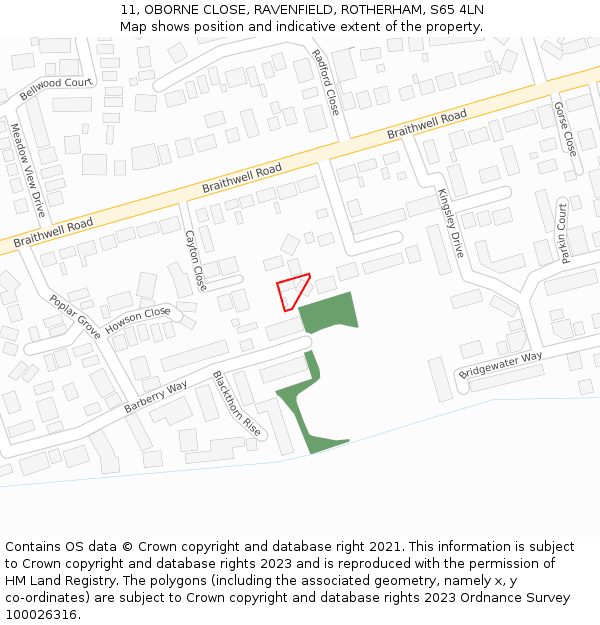 11, OBORNE CLOSE, RAVENFIELD, ROTHERHAM, S65 4LN: Location map and indicative extent of plot