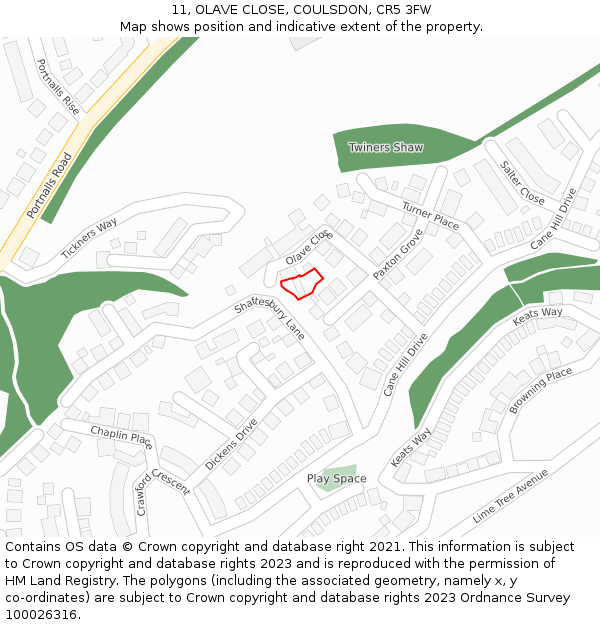 11, OLAVE CLOSE, COULSDON, CR5 3FW: Location map and indicative extent of plot