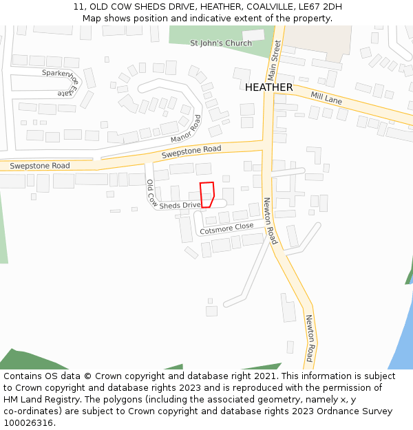 11, OLD COW SHEDS DRIVE, HEATHER, COALVILLE, LE67 2DH: Location map and indicative extent of plot