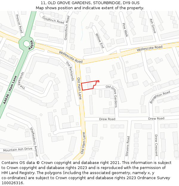 11, OLD GROVE GARDENS, STOURBRIDGE, DY9 0US: Location map and indicative extent of plot