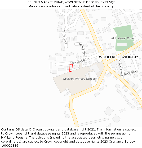 11, OLD MARKET DRIVE, WOOLSERY, BIDEFORD, EX39 5QF: Location map and indicative extent of plot