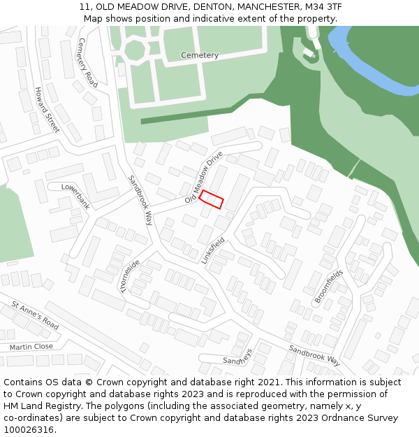 11, OLD MEADOW DRIVE, DENTON, MANCHESTER, M34 3TF: Location map and indicative extent of plot