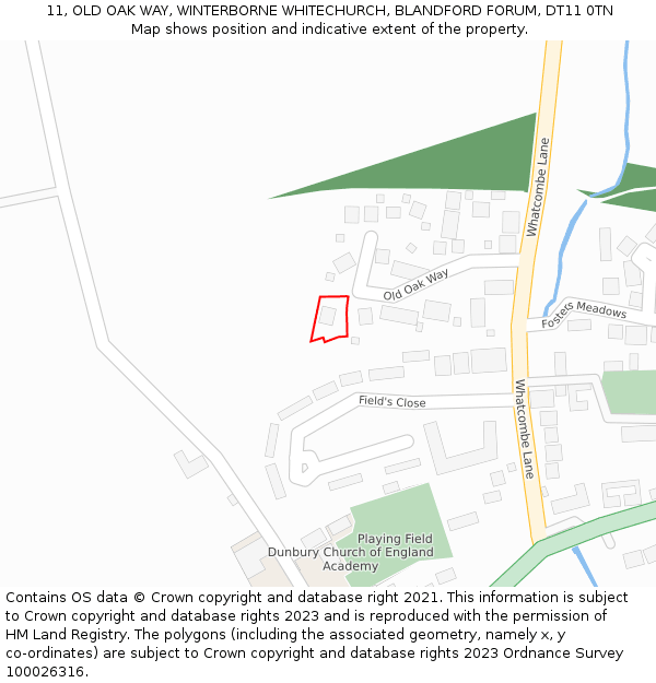 11, OLD OAK WAY, WINTERBORNE WHITECHURCH, BLANDFORD FORUM, DT11 0TN: Location map and indicative extent of plot