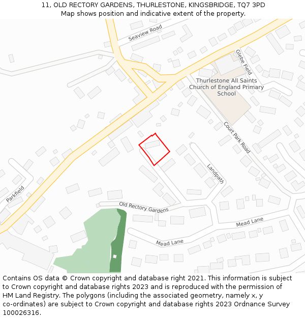 11, OLD RECTORY GARDENS, THURLESTONE, KINGSBRIDGE, TQ7 3PD: Location map and indicative extent of plot