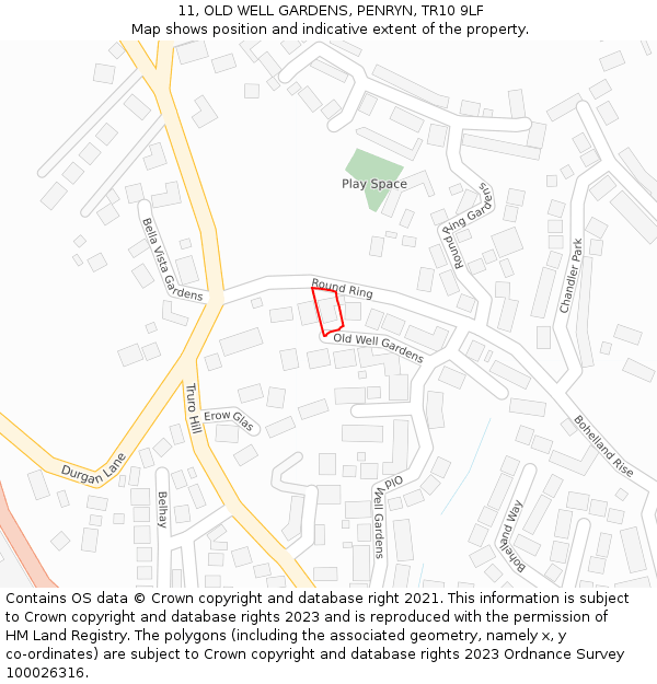 11, OLD WELL GARDENS, PENRYN, TR10 9LF: Location map and indicative extent of plot