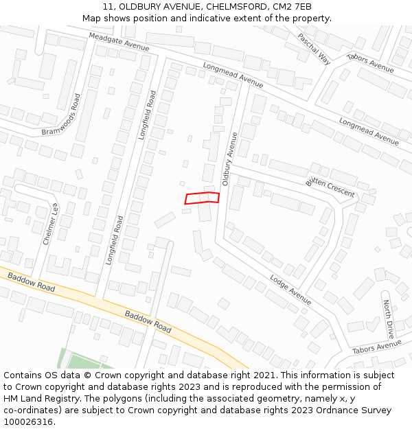 11, OLDBURY AVENUE, CHELMSFORD, CM2 7EB: Location map and indicative extent of plot