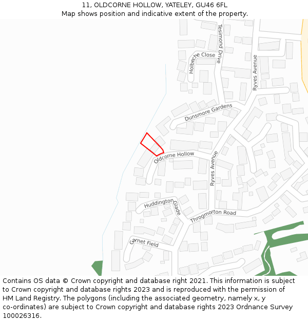 11, OLDCORNE HOLLOW, YATELEY, GU46 6FL: Location map and indicative extent of plot