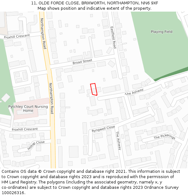 11, OLDE FORDE CLOSE, BRIXWORTH, NORTHAMPTON, NN6 9XF: Location map and indicative extent of plot