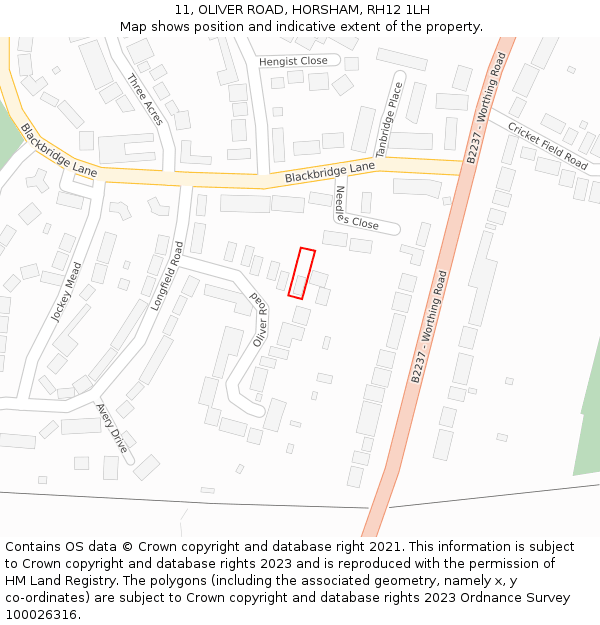 11, OLIVER ROAD, HORSHAM, RH12 1LH: Location map and indicative extent of plot