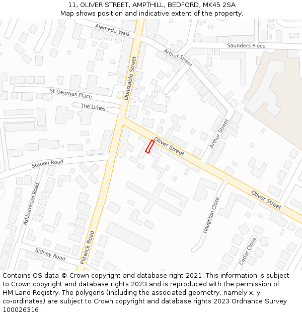 11, OLIVER STREET, AMPTHILL, BEDFORD, MK45 2SA: Location map and indicative extent of plot