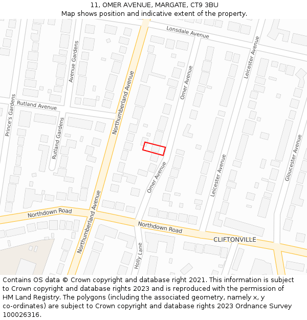 11, OMER AVENUE, MARGATE, CT9 3BU: Location map and indicative extent of plot