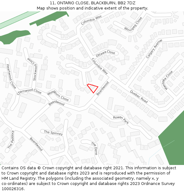 11, ONTARIO CLOSE, BLACKBURN, BB2 7DZ: Location map and indicative extent of plot