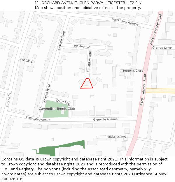 11, ORCHARD AVENUE, GLEN PARVA, LEICESTER, LE2 9JN: Location map and indicative extent of plot