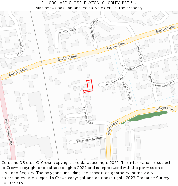 11, ORCHARD CLOSE, EUXTON, CHORLEY, PR7 6LU: Location map and indicative extent of plot