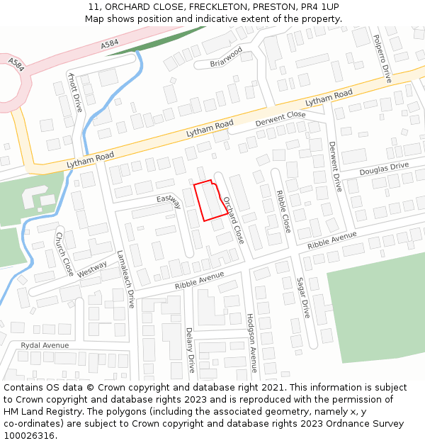 11, ORCHARD CLOSE, FRECKLETON, PRESTON, PR4 1UP: Location map and indicative extent of plot
