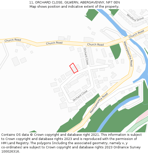 11, ORCHARD CLOSE, GILWERN, ABERGAVENNY, NP7 0EN: Location map and indicative extent of plot