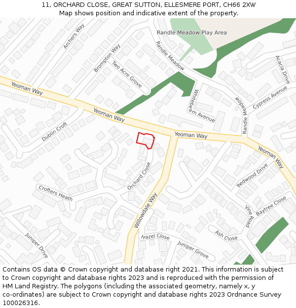 11, ORCHARD CLOSE, GREAT SUTTON, ELLESMERE PORT, CH66 2XW: Location map and indicative extent of plot