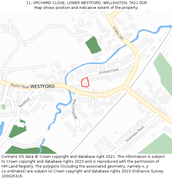 11, ORCHARD CLOSE, LOWER WESTFORD, WELLINGTON, TA21 0DR: Location map and indicative extent of plot
