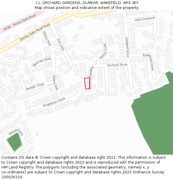 11, ORCHARD GARDENS, DURKAR, WAKEFIELD, WF4 3EY: Location map and indicative extent of plot