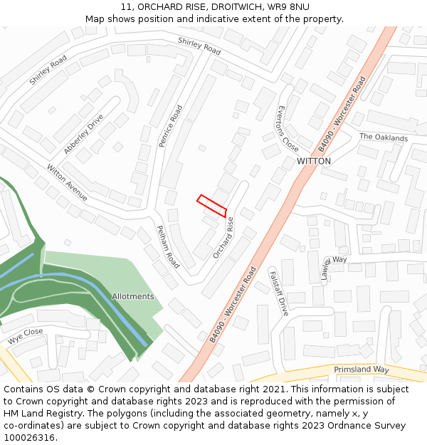 11, ORCHARD RISE, DROITWICH, WR9 8NU: Location map and indicative extent of plot