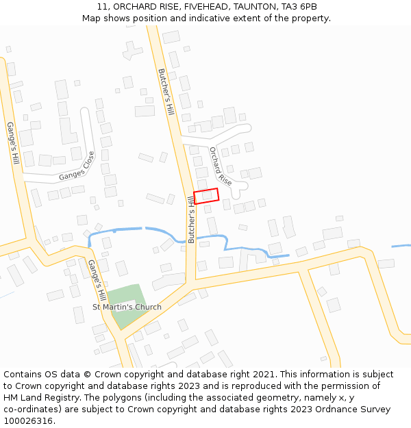 11, ORCHARD RISE, FIVEHEAD, TAUNTON, TA3 6PB: Location map and indicative extent of plot