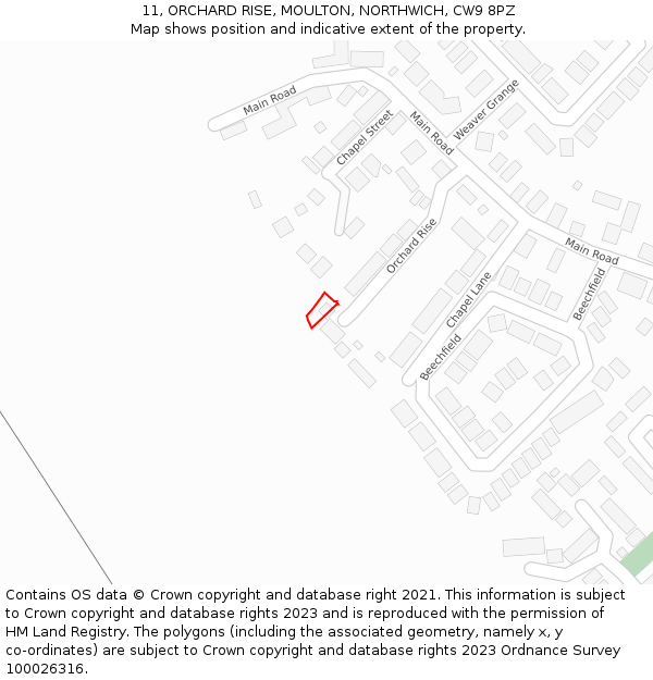 11, ORCHARD RISE, MOULTON, NORTHWICH, CW9 8PZ: Location map and indicative extent of plot