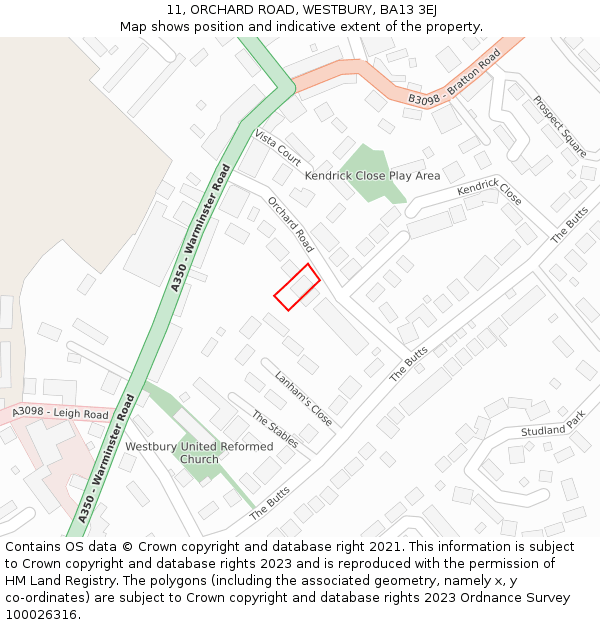 11, ORCHARD ROAD, WESTBURY, BA13 3EJ: Location map and indicative extent of plot