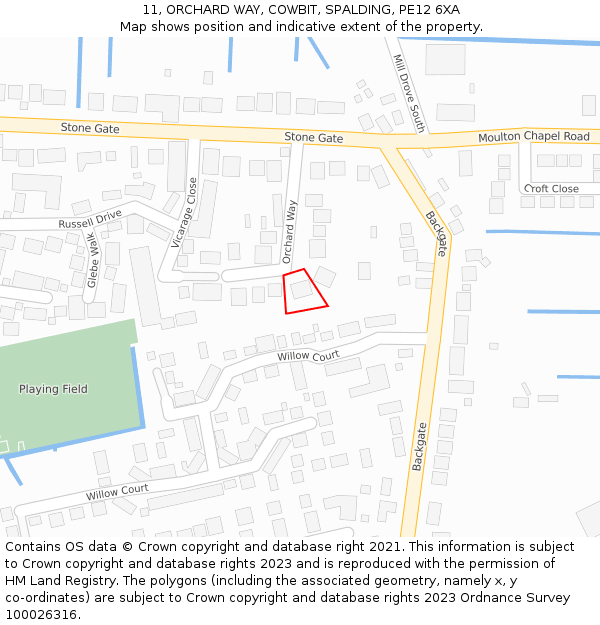 11, ORCHARD WAY, COWBIT, SPALDING, PE12 6XA: Location map and indicative extent of plot