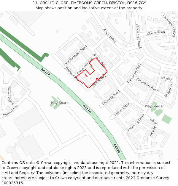 11, ORCHID CLOSE, EMERSONS GREEN, BRISTOL, BS16 7GY: Location map and indicative extent of plot