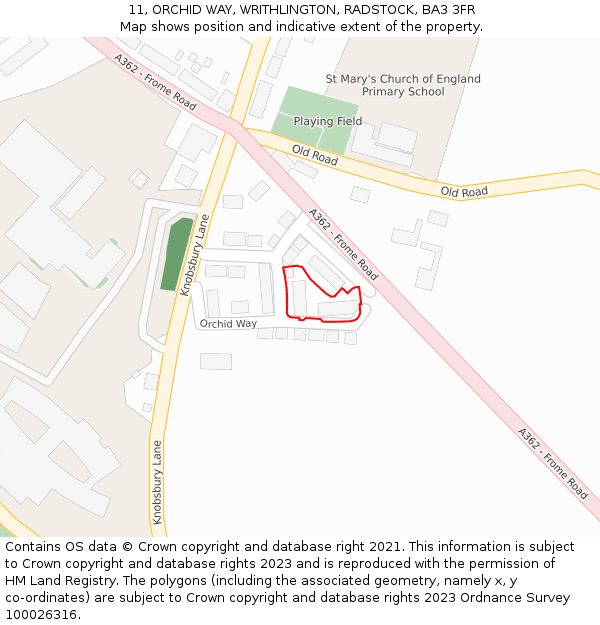 11, ORCHID WAY, WRITHLINGTON, RADSTOCK, BA3 3FR: Location map and indicative extent of plot