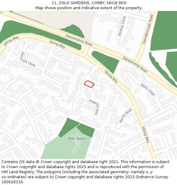 11, OSLO GARDENS, CORBY, NN18 9DS: Location map and indicative extent of plot