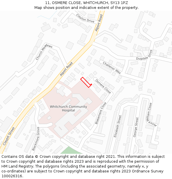 11, OSMERE CLOSE, WHITCHURCH, SY13 1PZ: Location map and indicative extent of plot